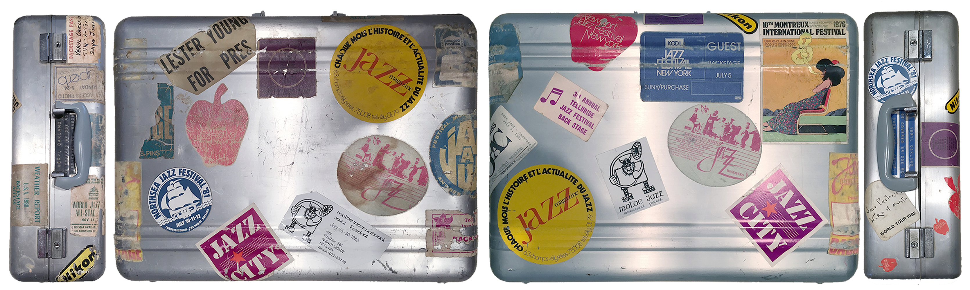 Silver camera case covered in travel stickers, owned and used by Veryl Oakland.