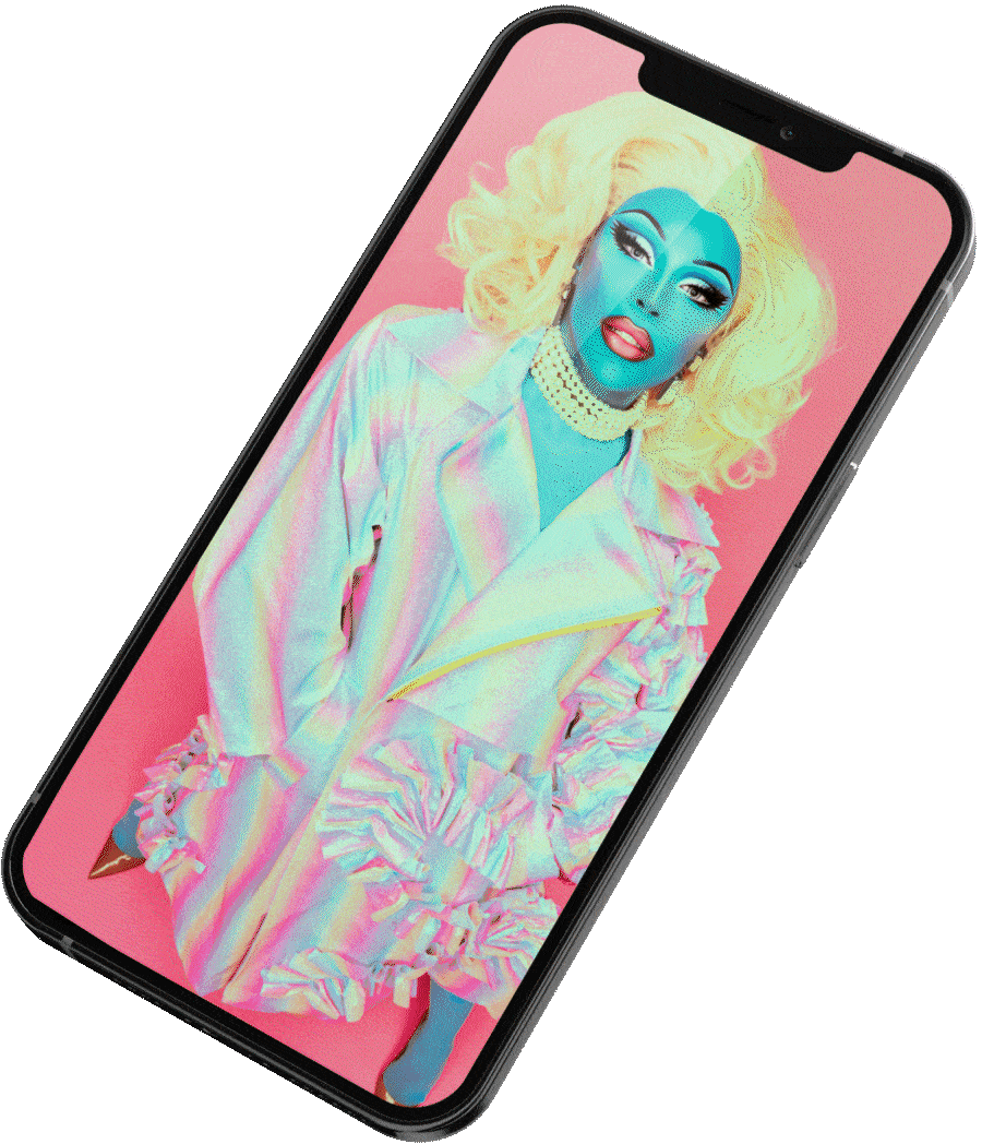 Mobile device featuring portraits of different fashion influencers wearing their fashion designer's custom clothing.