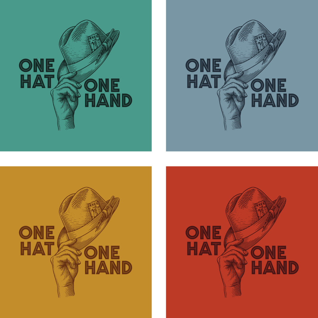 4 versions of the One Hat One Hand logo in different tonal color palettes.
