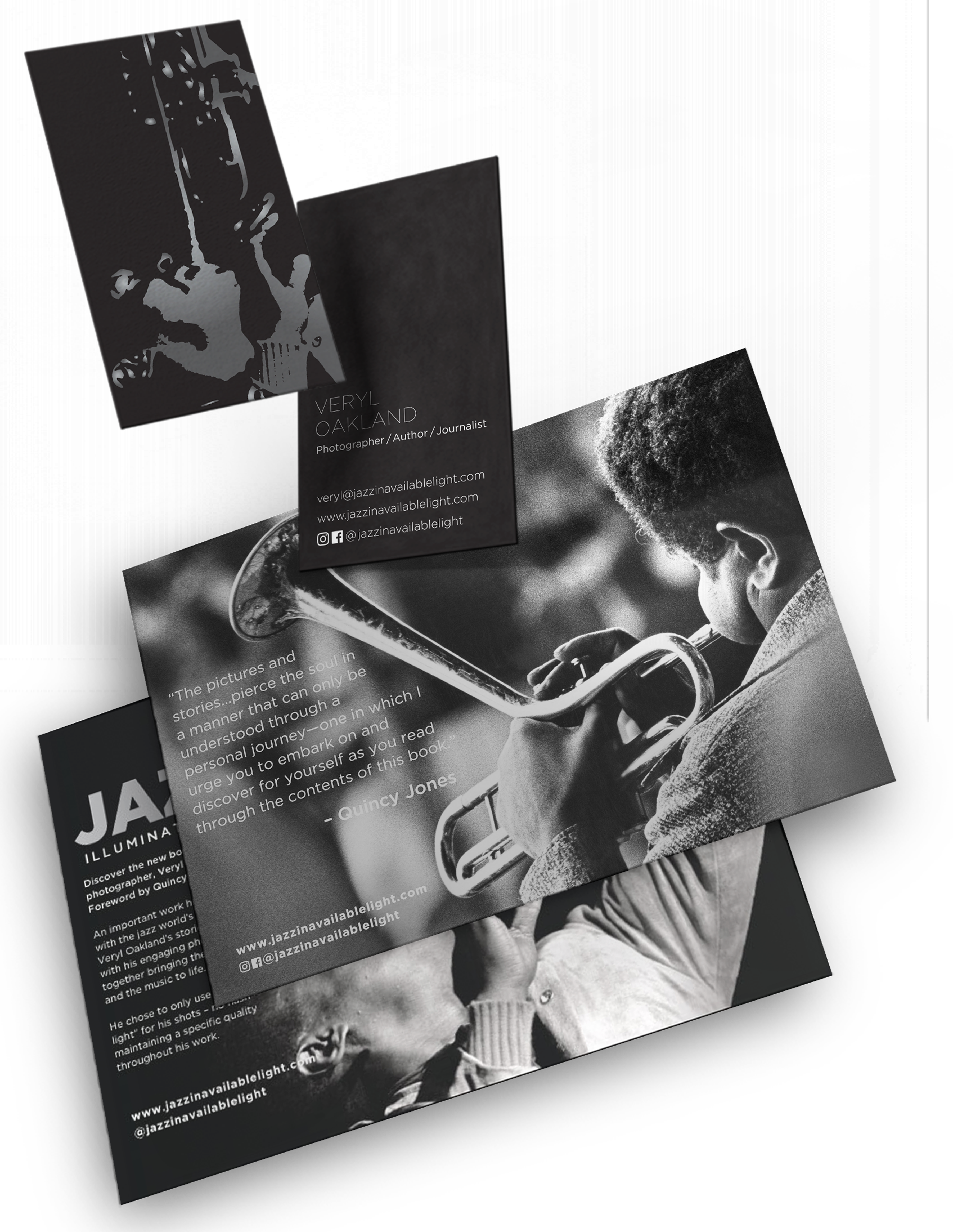 Marketing materials such as postcards and business cards showing Miles Davis and Dizzy Gillespie