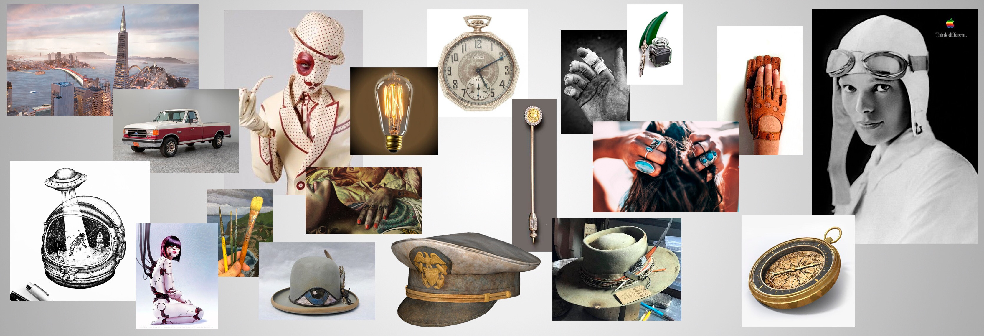 Banner collage of inspiration imagery Vs. used to design the One Hat One Hand archetypes.
