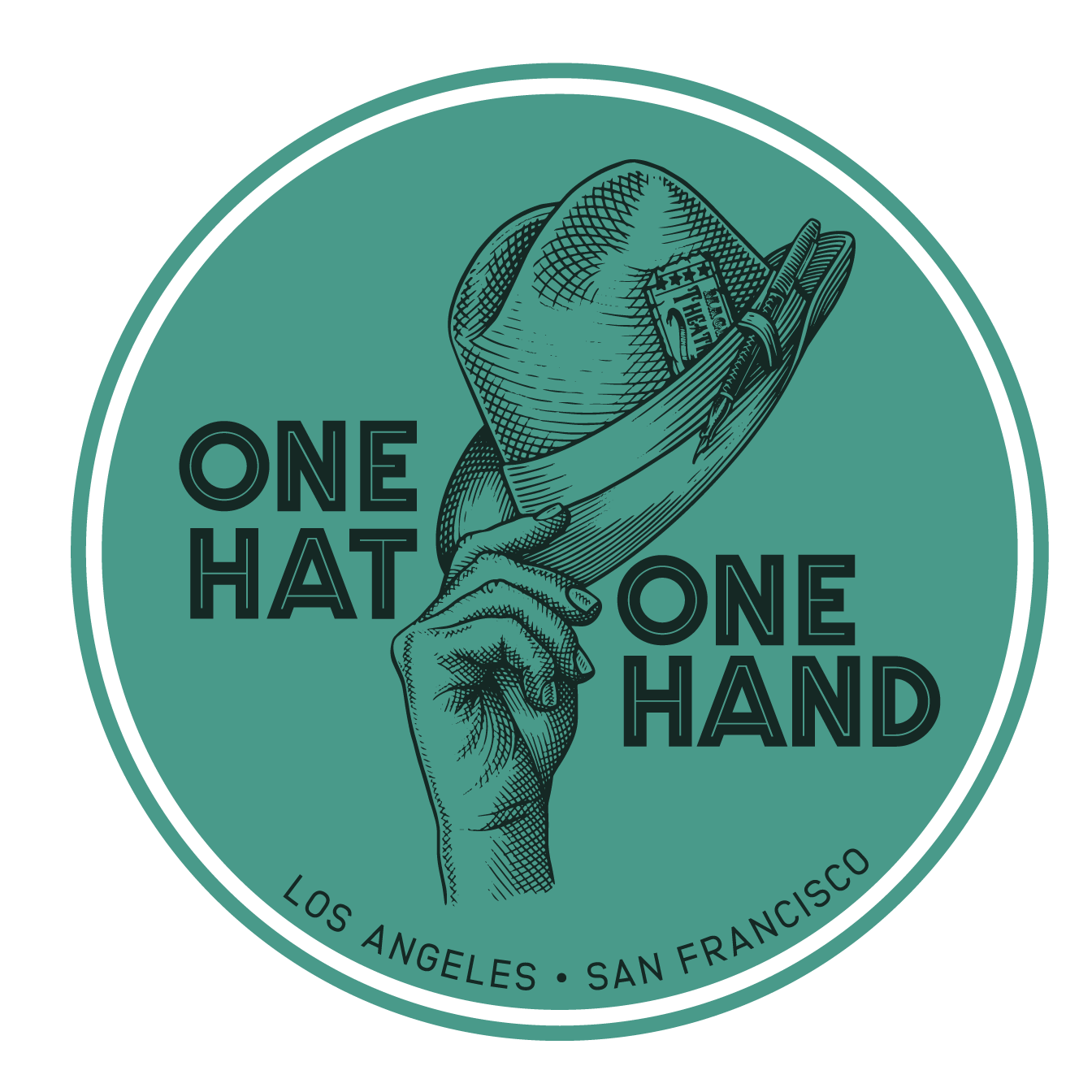 The round main logo for One Hat One Hand, showing a hand tipping a hat with a teal background.