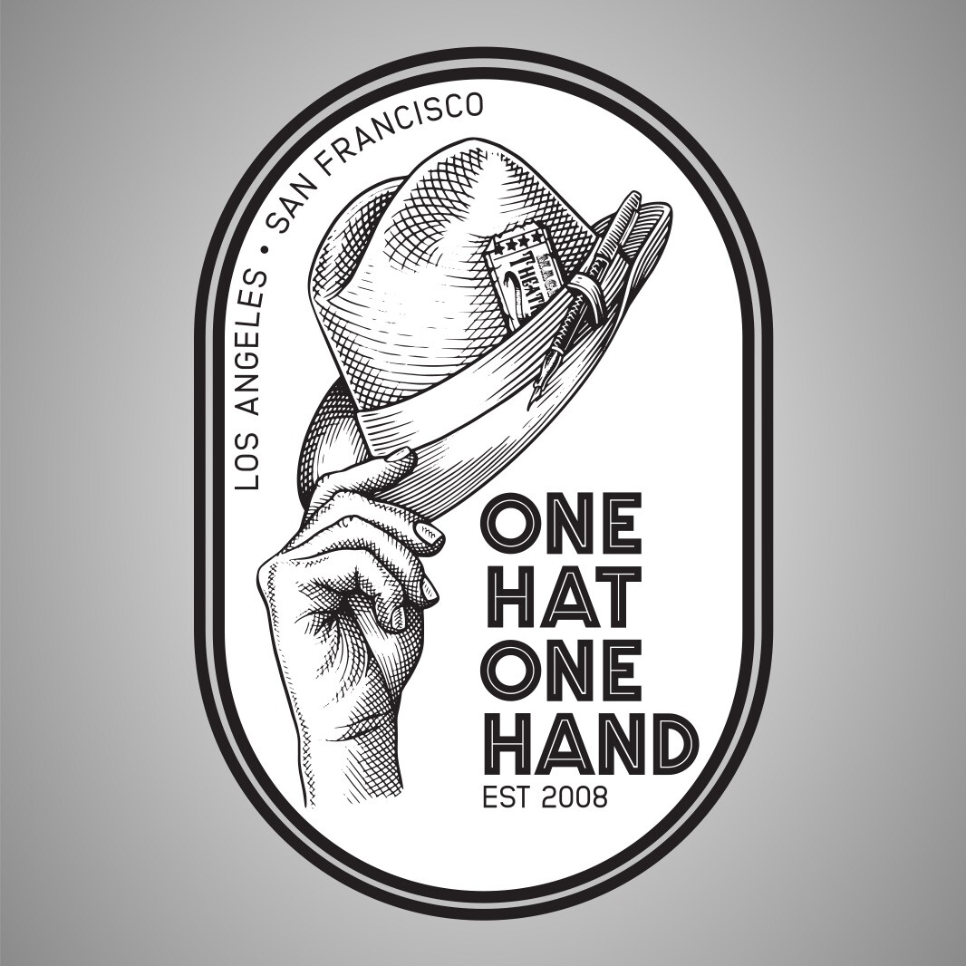 A black and white oval logo of One Hat One Hand on a gray background.