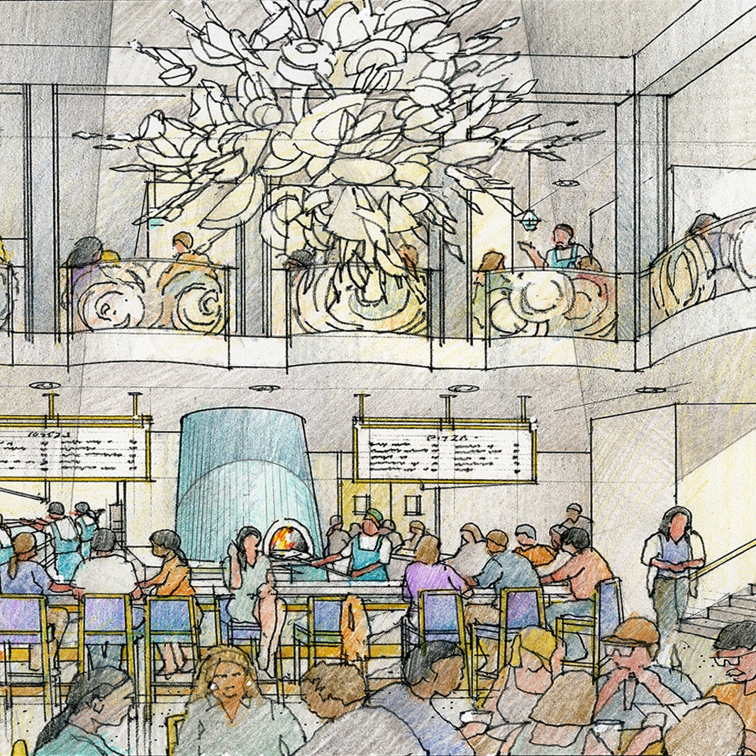 Architectural illustration showing the chandelier made of exploded plates and bowls at the new Ettore's bakery.