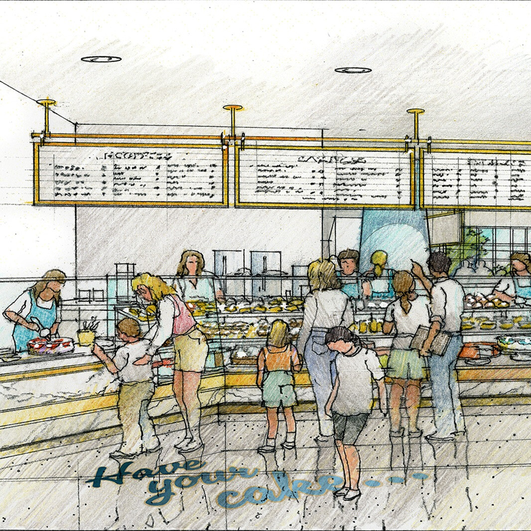 Architectural illustration showing the ordering counter at the new Ettore's bakery.