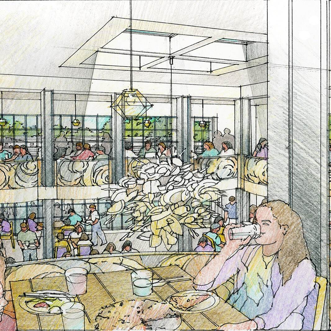 Architectural illustration showing the upstairs seating at the new Ettore's bakery.