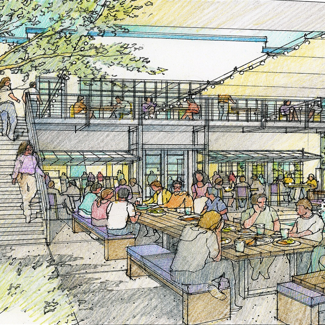 Architectural illustration showing the spacious outdoor patio at the new Ettore's bakery.
