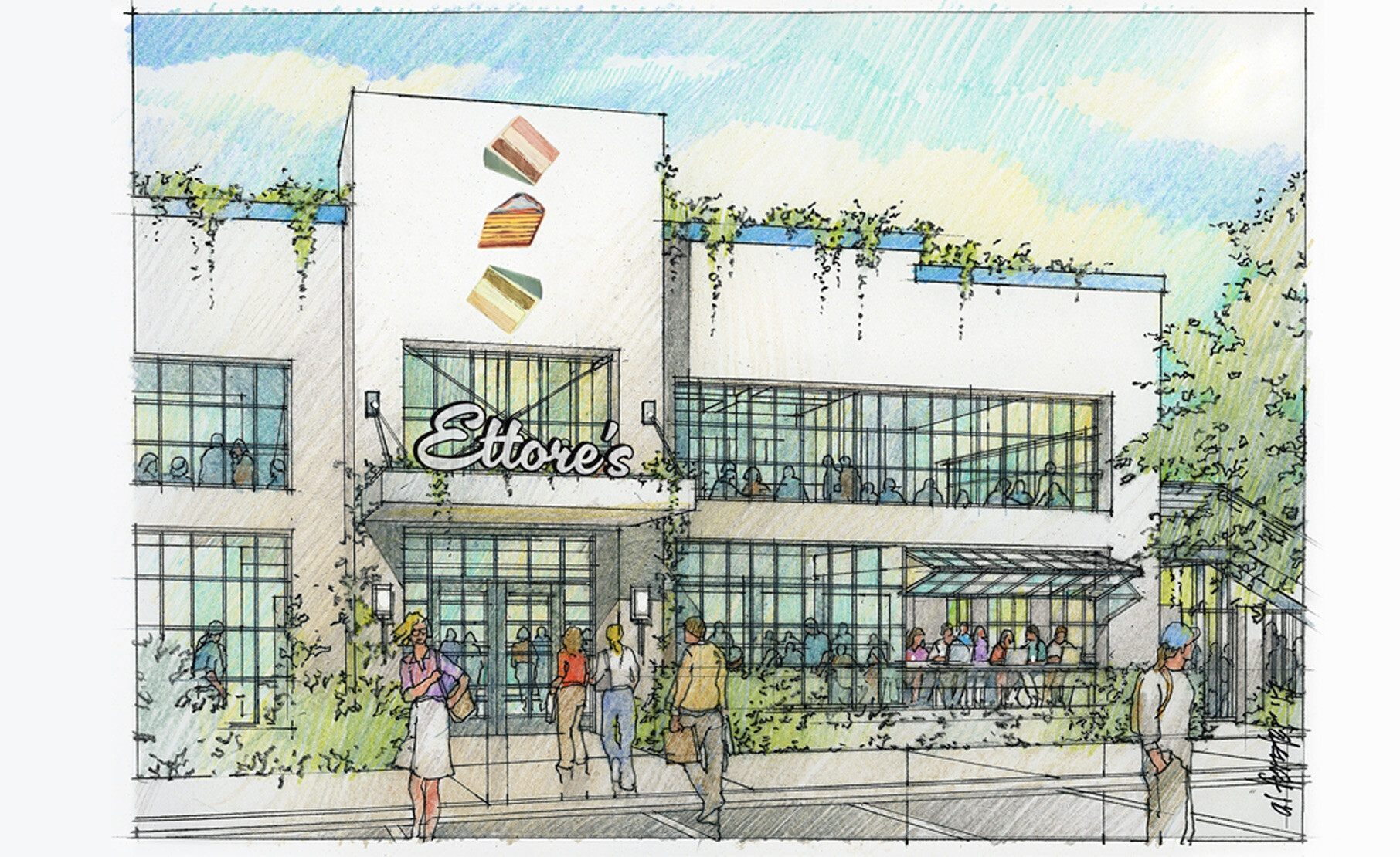 Architectural illustration of the main entrance for Ettore's bakery for their rebrand by Vs.