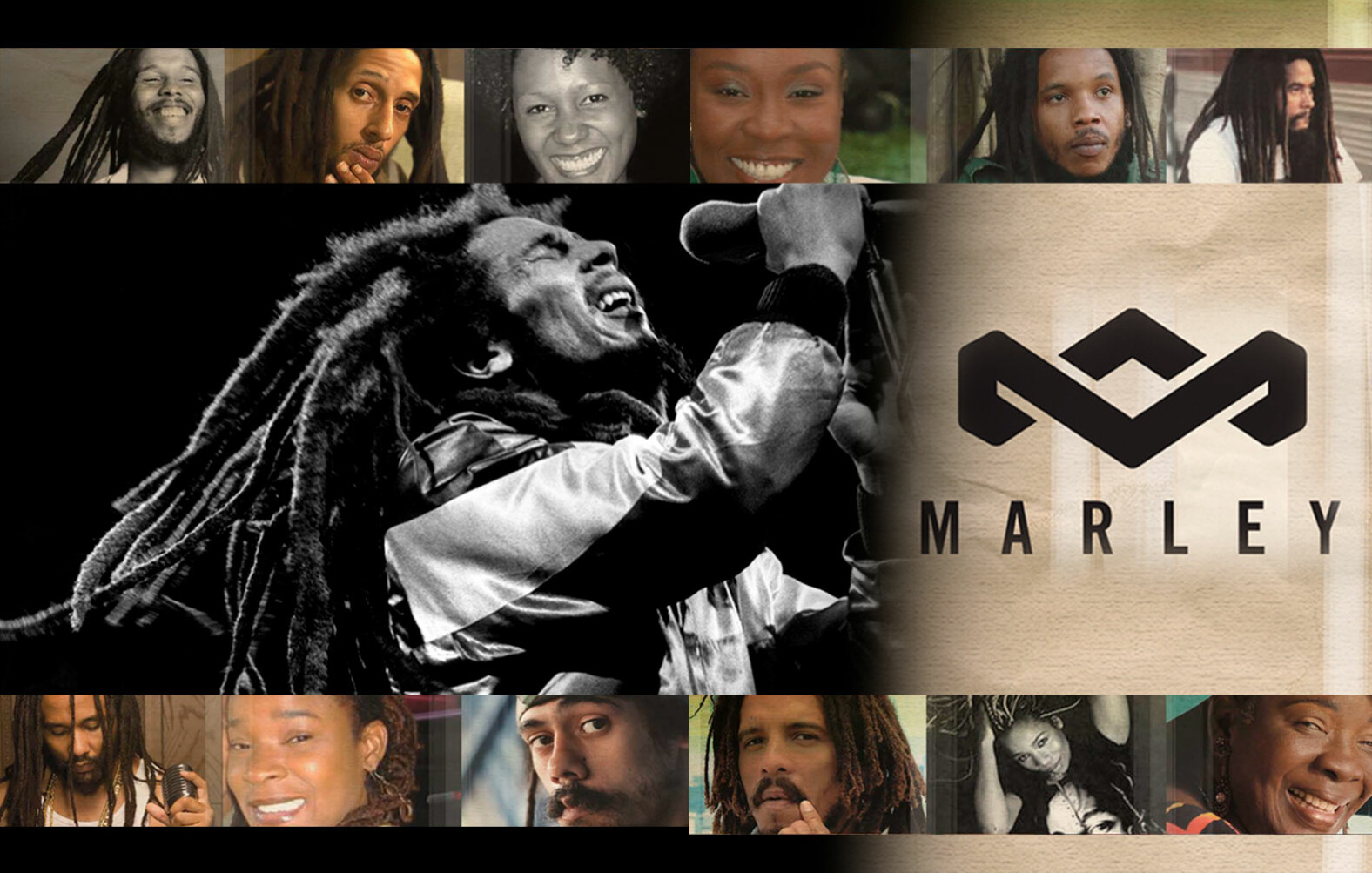 An image of Bob Marley and his children, paired with the House of Marley logo designed by Vs.