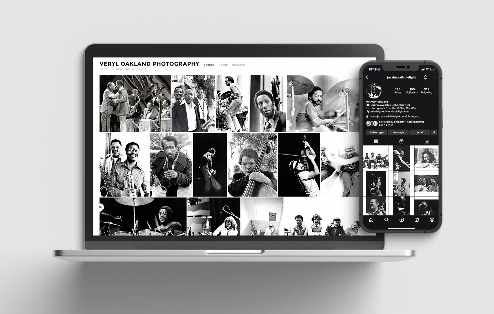 An image of a mobile device showing the Jazz in Available Light instagram profile, and an open laptop showing the website design for Jazz in Available Light, both featuring black and white pictures of different Jazz artists.
