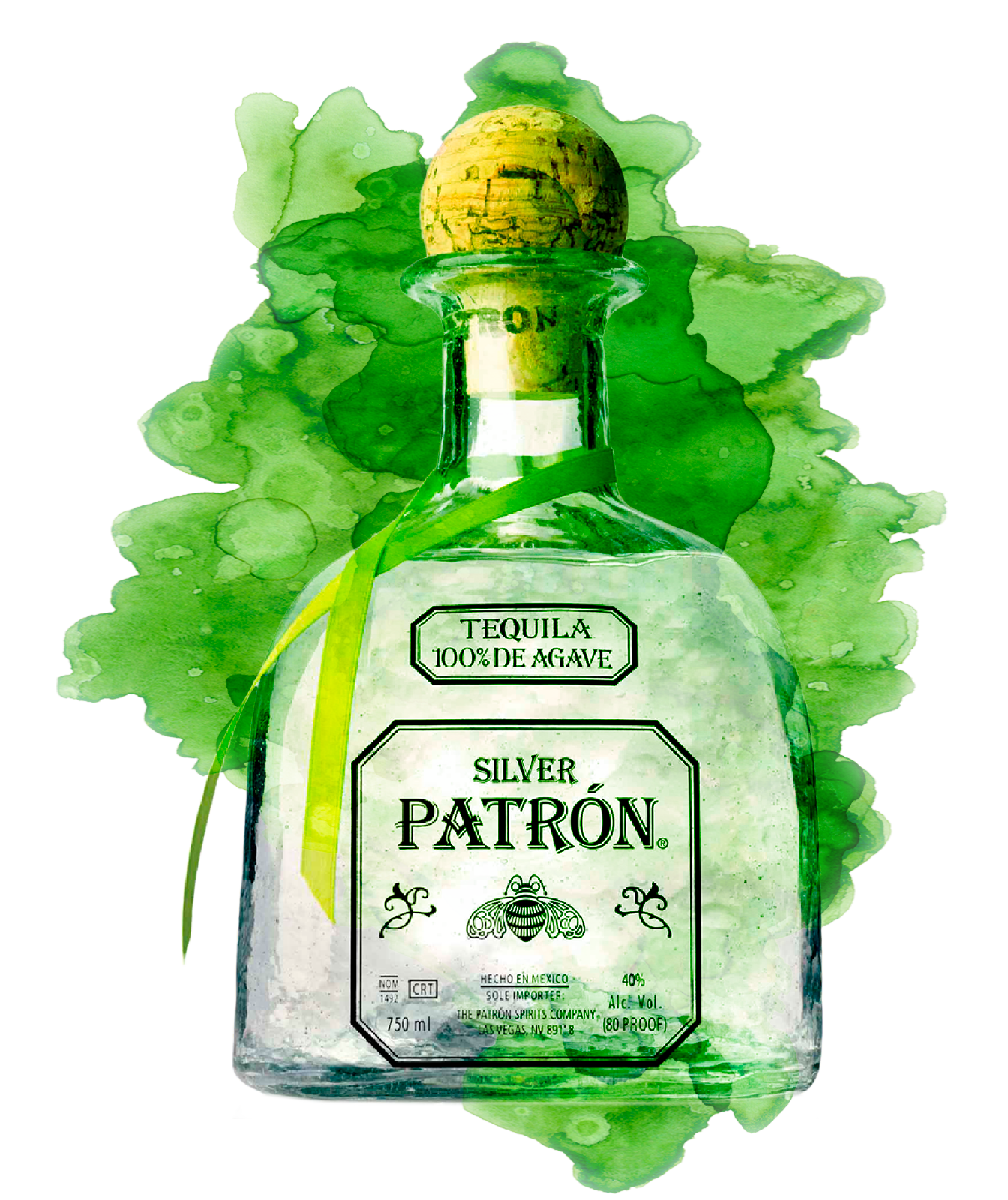 Patron tequila bottle with a green watercolor-style cloud behind it.