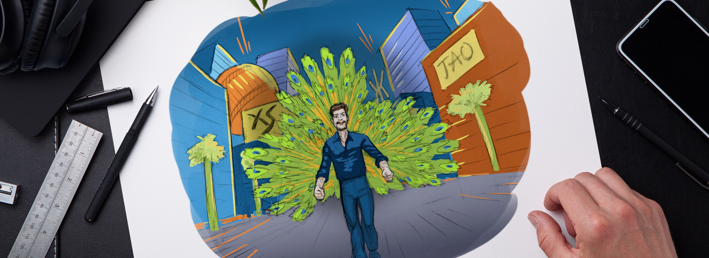 Sketch of "peacock" archetype for Patron, as a man walking down a Las Vegas street with peacock feathers behind him.