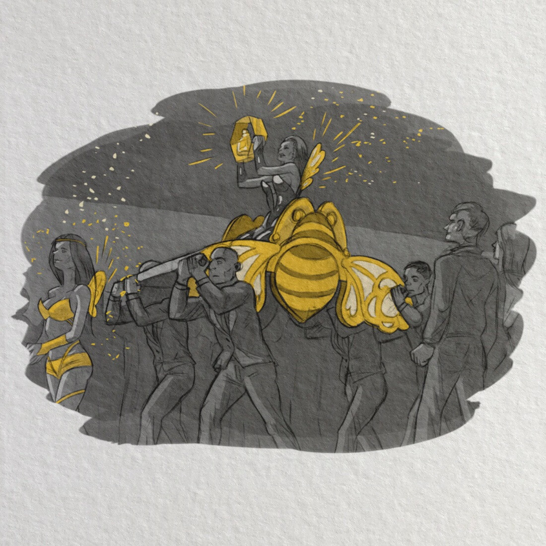 Sketch of bottle brand experience concept: a woman being carried on a platform, with details that allude to her being the Queen Bee and holding the Patron bottle in a gold hexagonal case.