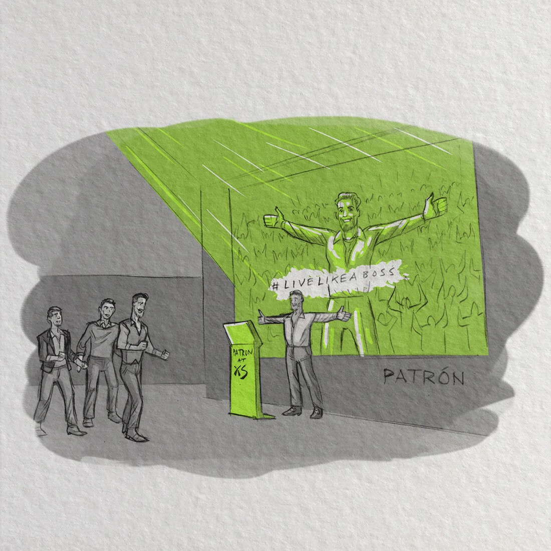 Sketch of bottle brand experience concept: a selfie space outside a nightclub that lets the person be projected in front of a huge crowd.