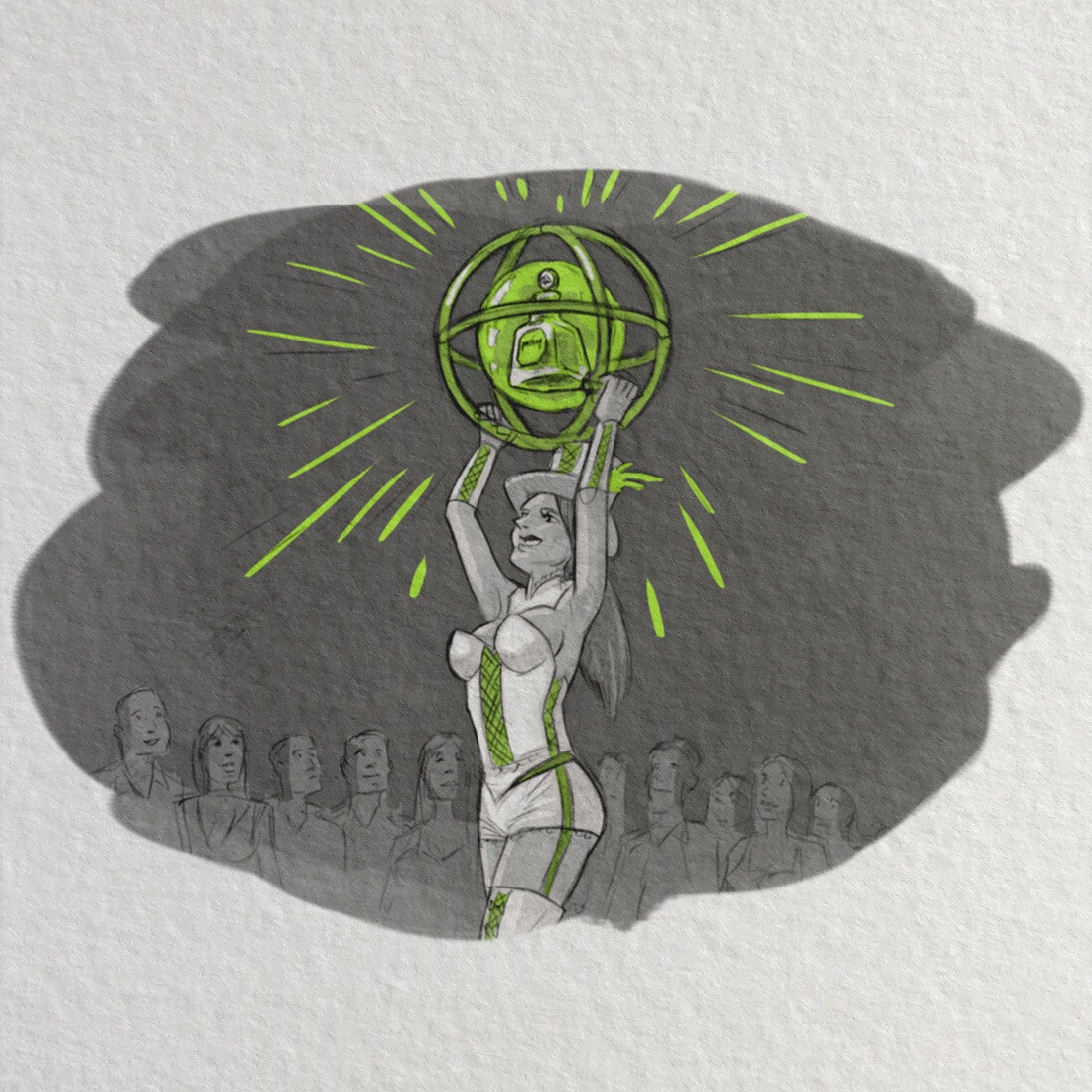 Sketch of bottle brand experience concept: a woman carrying out a Patron bottle in an orb.