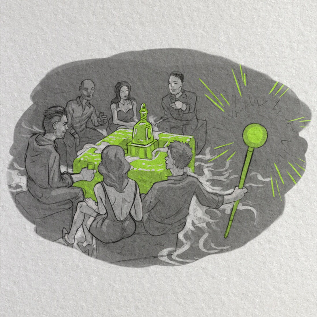 Sketch of bottle brand experience concept: a table area coming to life with a smart device, initiating dancing lights and bursts of smoke.