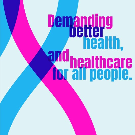 Colorful pathway graphics with the words "Demanding better health, and healthcare for all people" as part of the renegade.bio branding.