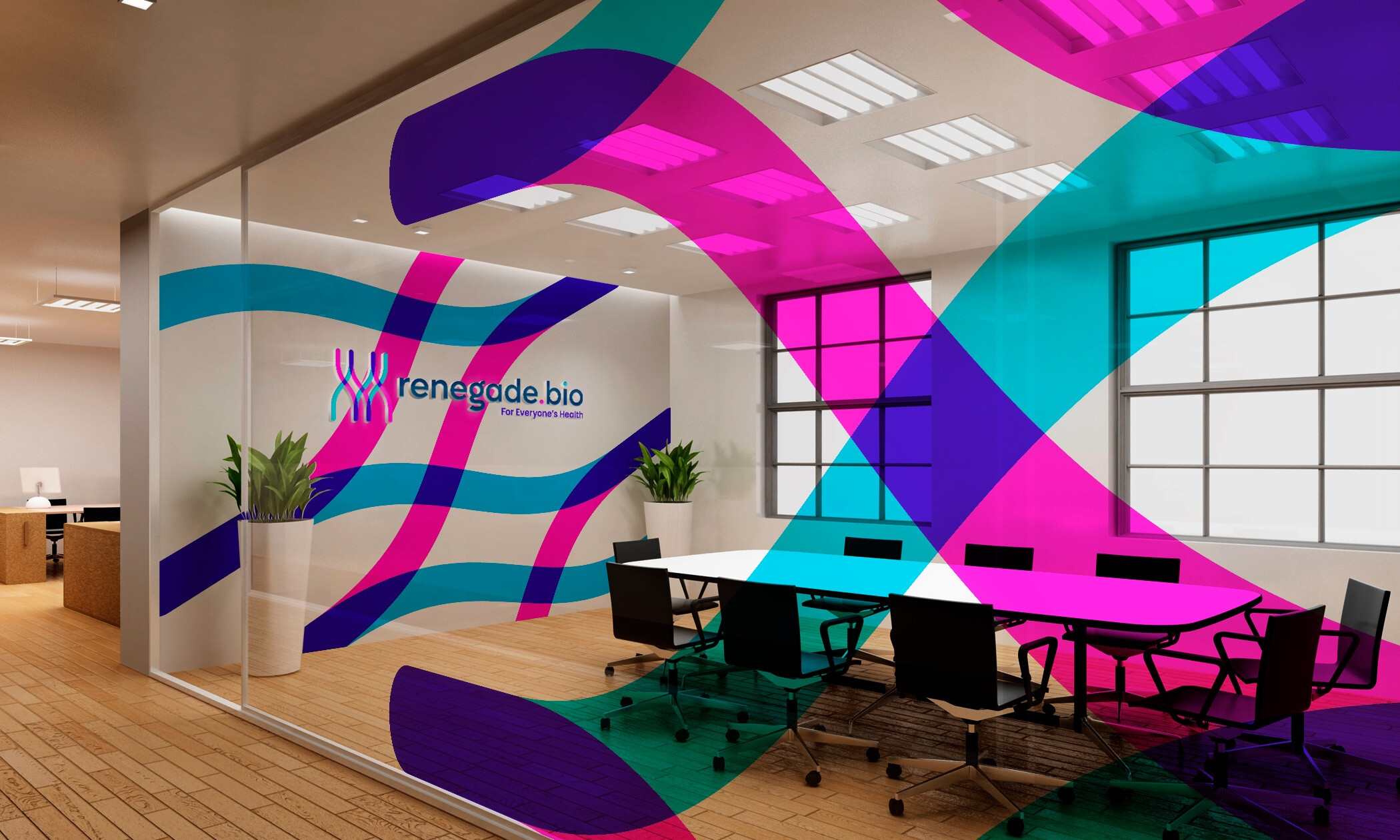 Concept imagery of an office with bright colorful helixes, as renegade.bio branded murals.