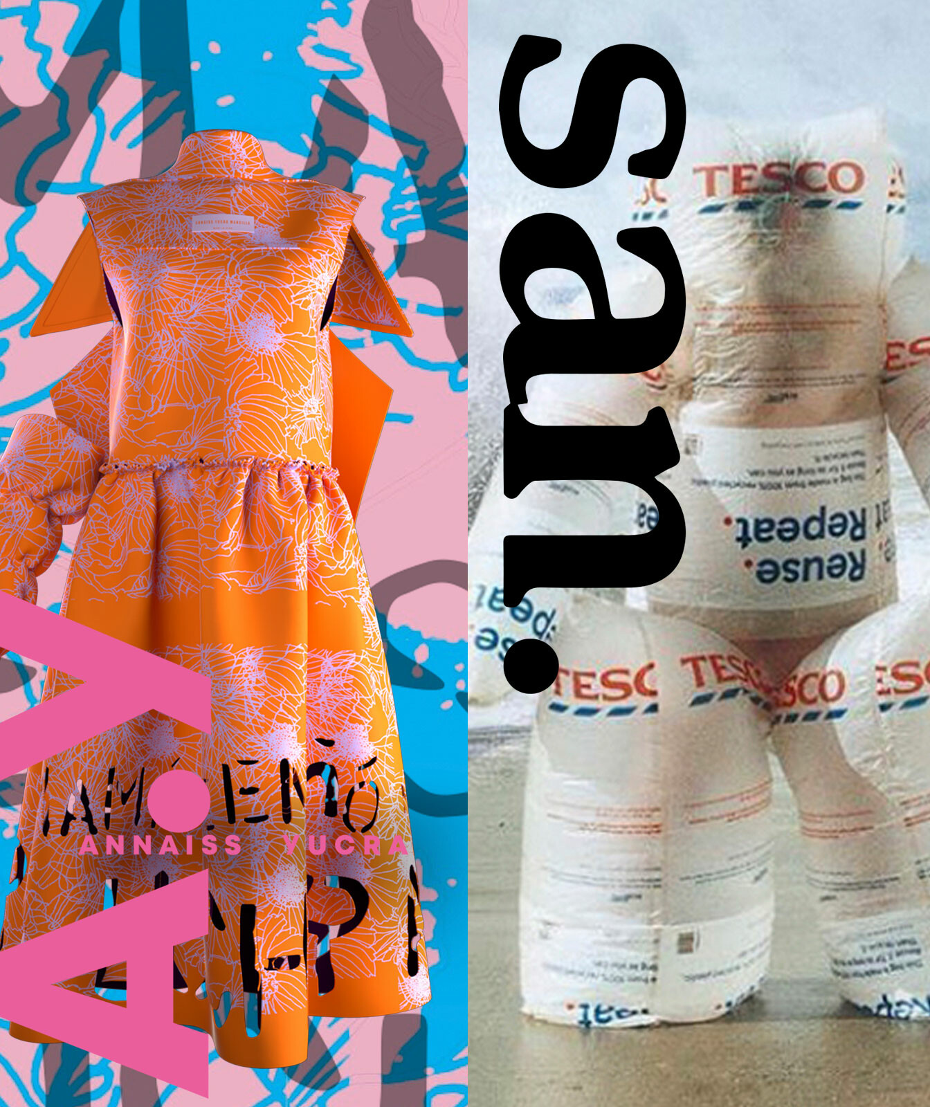 A composite image showing the two designs of different designers - on the left, an orange neoprene dress that looks like a backwards trench coat, with the name "Annaiss Yucra" over it; on the right, a faceless inflatable creature made out of Tesco grocery bags, with the name "San." over it.