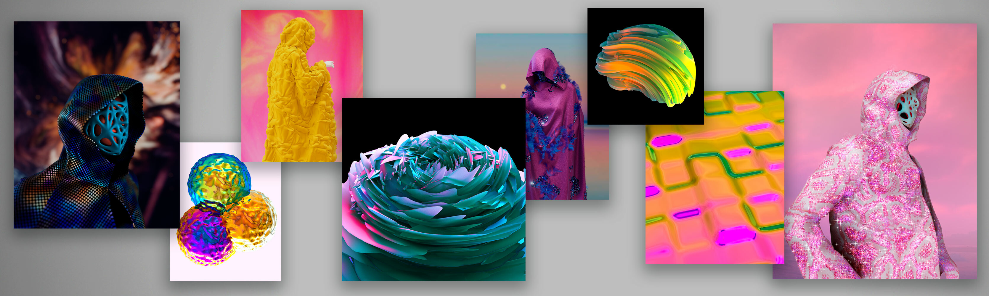 A moodboard collage of 3D content developed for VMOD social media and brand assets.